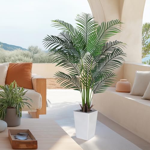 Artificial Palm Tree with White Tall Planter, 5ft Tall Potted Artificial Silk Palm Tree Plant, Fake Tropical Plant, Home Office Floor Room Decor Plants Indoor Outdoor, Housewarming Gift - size: 5ft