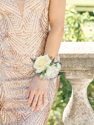 Rinlong 2Pcs White Rose Wrist Corsage for Wedding, Prom, Homecoming | Bridesmaid Wristlet, Mother of the Bride Flower Corsage - color: 03-white Green