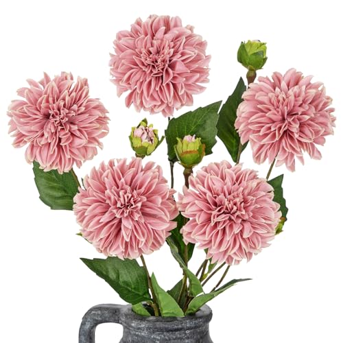 Hollyone Pink Dahlia Artificial Flowers 5Pcs Fake Dahlia Flowers for Decoration Silk Flower with Long Stem 17.7" Floral Arrangements Bouquets Indoors Outdoors Faux Dahlias Centerpieces Home Decor - color: Pink