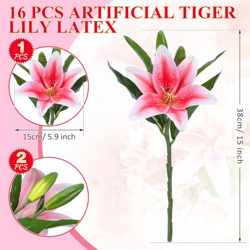 XunYee 16 Pcs Artificial Tiger Lily Flowers Lifelike Touch Lily Latex Lilies Flowers Artificial Bouquet Faux Latex with Rods for Summer Home Decoration Birthday(Pink and Green) - color: Pink and Green