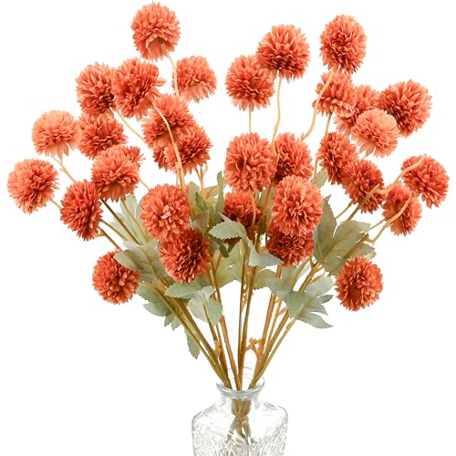 Mandy's 6 Stems Silk Burnt Orange Kiku Ball Flowers | Artificial Chrysanthemum Stems for Home Summer Décor Realistic Faux Floral Arrangement Minimalist Elegant Style - color: Burnt Orange