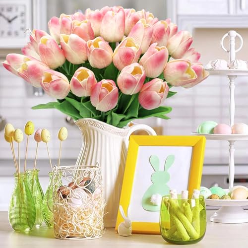 28pcs Pink Flowers Artificial Tulip Stems Real Feel PU Tulips for Easter Spring Wreath Wedding Bouquet Centerpiece Floral Arrangement Cemetery Table Décor 13" Tall - color: Pink