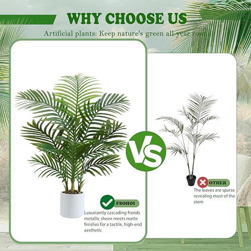 Artificial Palm Tree Indoor, 3.5FT Tall Faux Plants, Fake Tropical Silk Floor Plant with White Planter, Faux Areca Palm Plant Artificial Tree in Pot for Home Room Office Outdoor Patio Decor