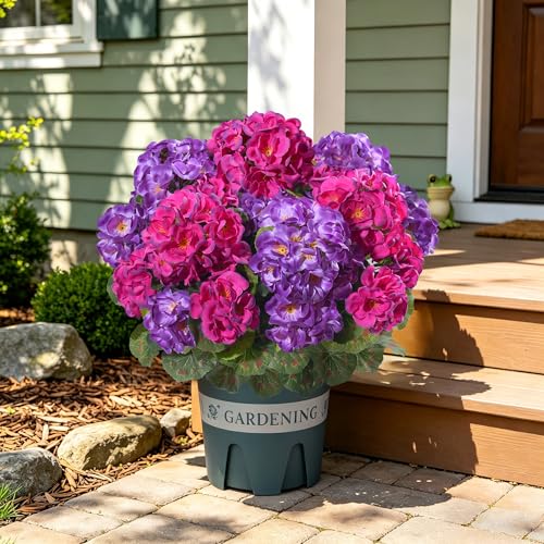 Geraniums Artificial Flowers for Outdoors, 2 Pack Potted Plants Fake Geranium Bush Realistic Fake Flowers Greenery UV Resistant Faux Flowers for Outdoor Planters Outside Gardens Front Door Indoor, Mix - color: 6 Purple, 6 Fuchsia