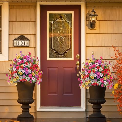 Topiary Flower Ball Trees Artificial Outdoor Set of 2, D15.8" UV Resistant Faux Boxwood Flower Ball Plants with Stake,Realistic Faux Shrubs Planter Filler for 4th of July Front Cemetery Porch Garden - style: Violet