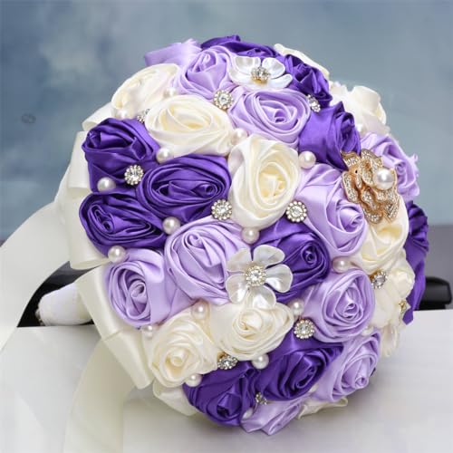 MaxxCloud 9.4‘’ Handmade Romantic Toss Bouquet for Bride Stunning Bridesmaid Brooch Wedding Bouquet with Jewelry Petals 2 Purple and Ivory - color: 2 Purple+ivory, size: 9.4''/24cm