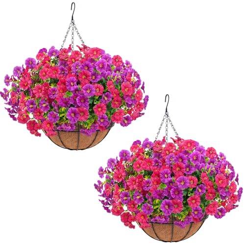 Elyum 2 Pack Artificial Hanging Flowers for Outdoors, Fake Flowers Artificial Petunias Hanging Baskets for Outdoors, UV Resistant Fake Hanging Plants Flowers for Outside Garden Patio Porch Decor - color: Purple&rose Red, size: 2 Pack