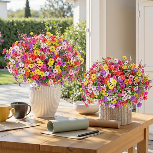 SHareconn 24 Bundles Artificial Flowers for Outdoors, Faux Plants Fake Silk Colorful Daisy Eucalyptus Lavender, UV Resistant for Outside Home Porch Patio Spring Decor, RedRosyPurpleYellowPinkWhite - color: Redrosypurpleyellowpinkwhite
