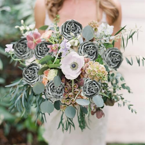 IPOPU 10pcs Dusty Blue Peonies Artificial Flowers Gradient Blue Silk Peonies with Stems Real Touch Fake Peony for Wedding Decoration Bride Bouquet Faux Flowers Floral Arrangement - color: Dusty Blue