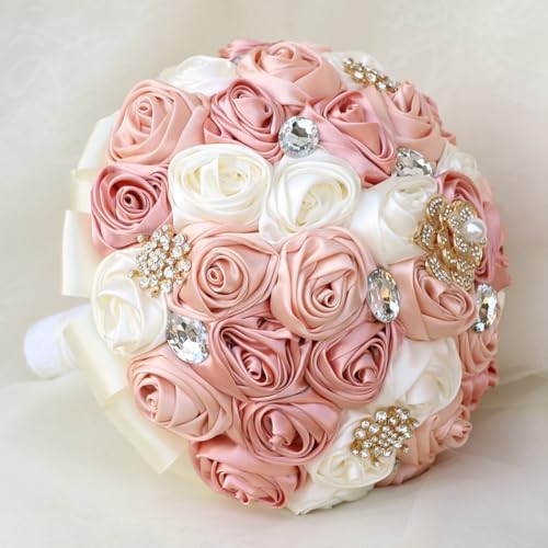 Blush Pink and Ivory Bridal Wedding Bouquet with Gold Brooch Bling Rhinestone Bouquet for Bride Bridesmaid Quinceanera Satin Dusty Rose Flower Bouquet Wedding Blush Pink and Ivory 8.7in - color: Blush, Pink & Ivory(gold Brooch), size: Diameter: 8.7 inches