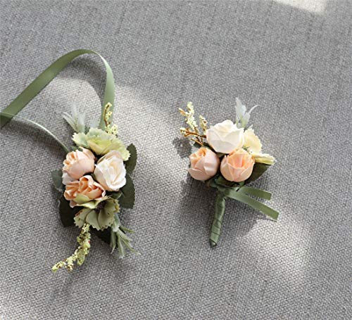 Rose Wedding Wrist Corsage and Boutonniere Set Party Prom Hand Ribbon Flower Suit Decor (Champagne) - color: Champagne
