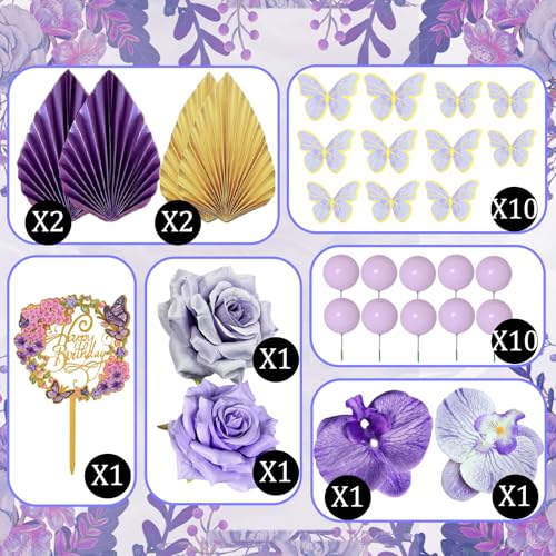 29Pcs Flower Cake Topper Palm Leaves Butterfly Ball Boho Cake Decorations Acrylic Happy Birthday Cake Toppers Cupcake Cake Insert Topper for Wedding Birthday Party Decoration Supplies(Light Purple) - color: Light Purple
