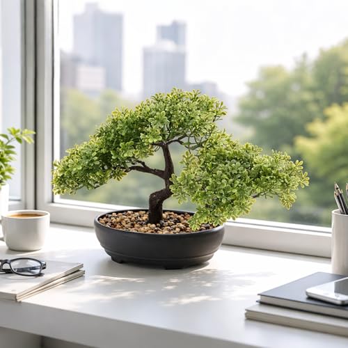 ALAGIRLS Artificial Bonsai Tree, Fake Juniper Plants Indoor Small Fake Bonsai Tree Indoor with Pot and Pebbles Artificial Bonsai Tree Indoor for Desk Home Office Bathroom Shelf Decorations