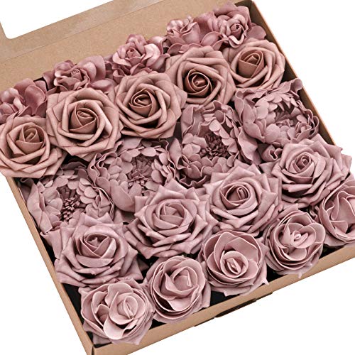Ling's moment Artificial Flowers Fake Roses Faux Foam Peonies Combo for DIY Wedding Bouquets Centerpieces Arrangements Bridal Shower Party Home Decorations, Dusty Rose, 23pcs - color: Pk-dusty Rose