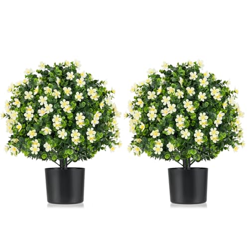 Goplus 21.5'' Artificial Boxwood Topiary Ball Tree, Set of 2 Faux Potted Plants Artificial Shrubs Bushes with White Flowers, Fake Evergreen Artificial Topiary for Indoor Outdoor Home Front Porch Decor - color: White