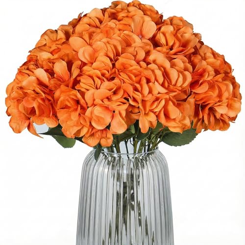 2Bouquets Artificial Fake Flowers Silk Hydrangea Arrangements Wedding Bouquets Decorations Plastic Floral Home Kitchen Garden Party Festival Bar DIY (Orange) - color: Orange, 5flower Heads