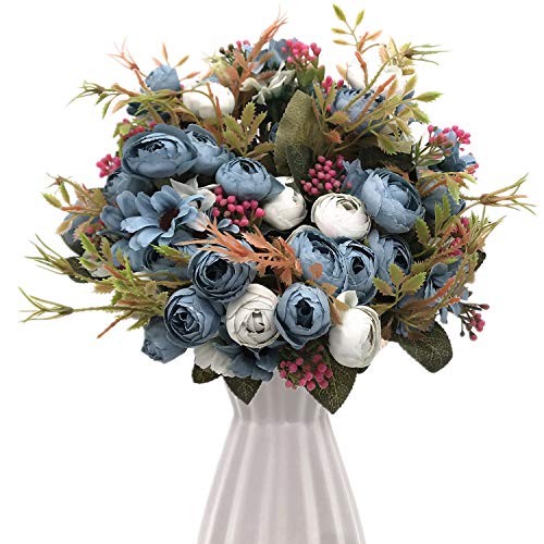 Artificial Flowers for Decoration, Fake Rose Silk Flower Plastic Plants Home Garden Indoor Outdoor Decorations Bedroom Office Room Arrangement Decor Wedding Bridal Bouquet Planter Filler, Blue 4 Pack - color: Rose Bud/ Blue/ 4 Pack