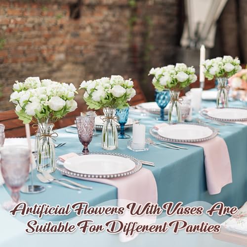 Thiccywoov 19 Pack Artificial Peony Flowers with Vase Bulk, 12 Bundles Faux Peony Bouquet 6 Vase with 1 Rope Silk Flower Arrangement Wedding Table Centerpiece for Wedding Bridal Shower(White) - color: White