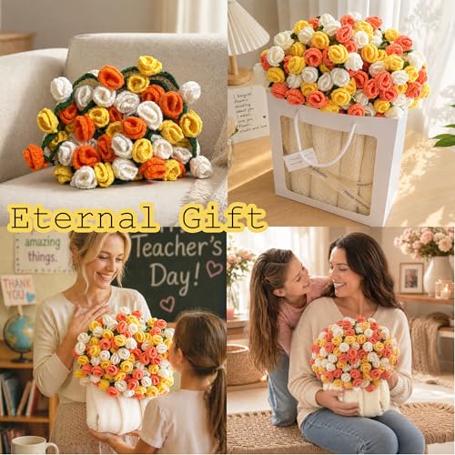 Crochet Flower Bouquet Throw Blanket, Cute Romantic Gift for Her Girlfriend Mom Mother’s Day Valentine Wedding Anniversary Birthday (Yellow, 40 inches) - color: Yellow, size: 40 inches