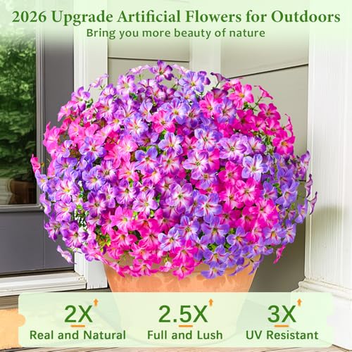 MARTINE MALL 12 Bundles Look Real Artificial Flowers for Outdoors, Realistic Fake Outdoor Flowers, UV Resistant Silk Petunia Flowers for Outside Faux Flowers for Outdoor, Fuchsia & Purple & Rose Red - color: Fuchsia & Purple & Rose Red, size: 12 Bundles
