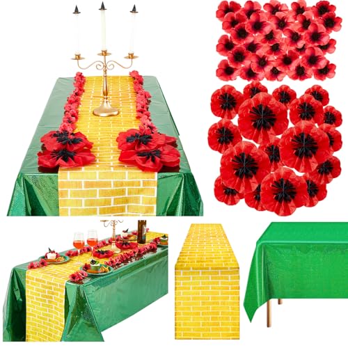 48 Pcs Witch Party Decoration Green Include Holographic Tablecloth and Gold Yellow Brick Table Runner with Artificial Red Poppy Flowers for Witch and Princess Party Supply (Brick) - color: Brick