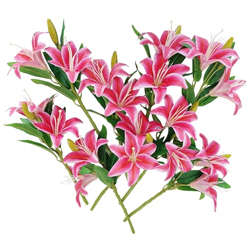ATFL Artificial Lilies Flowers,9 Pcs Faux Lily Flowers,16''Tiger Lily Branches with 2 Full Blooms and 1 Bud,Faux Fake Lilies Plants for Wedding Bouquet Floral Arrangements (9, hot Pink) - color: Hot Pink