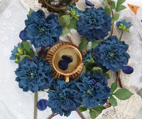6pcs Large Fake Dahlia Artificial Flowers Blue Faux Dahlia Silk Flowers with Long Stem for DIY Wedding Craft Bouquets Party Floral Arrangements Home Tables Decor（Blue - color: Blue