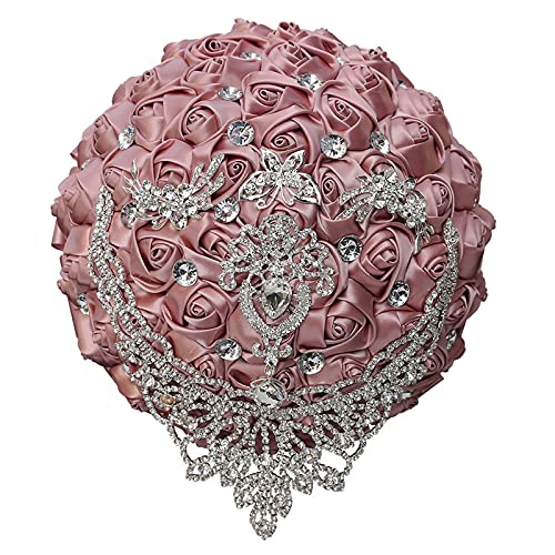 XINNI Handmade Bridal Wedding Bouquet Bride Bridesmaid Satin Rose Flower Bouquet with Drop-Shaped Rhinestone Wedding Decoration (Dusty Pink) - color: Dustypink
