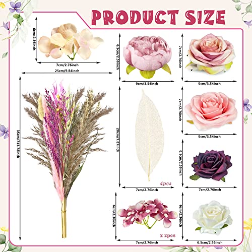 Natural Boho Cake Topper Vintage Artificial Flowers Leaves Various Dried Pampas Grass Cake Decor for Wedding Bridal Birthday Party Supplies (Pink) - color: Pink