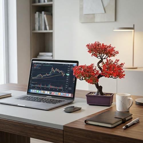 Cabilock Artificial Bonsai Tree Decor, 14.17 Inch Small Fake Plant in Pot, Faux Potted Bonsai Tree for Home Office Desk, Men Living Room Shelf, Bathroom, Bedroom and Zen Japanese Room Decor - color: Red