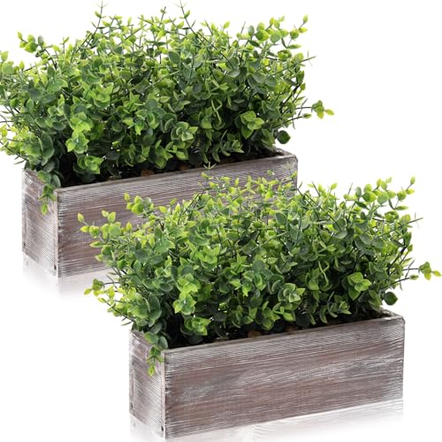 Lyrow 2 Pack Artificial Eucalyptus Plant in Rustic Rectangular Wooden Planter Box Greenery Faux Potted Herb Plant for Indoor Wedding Table Centerpiece(Green,11.4 x 3.7 x 7.8 Inches,Classic Style) - color: White, size: 11.4 Inch, style: White Frosted Point