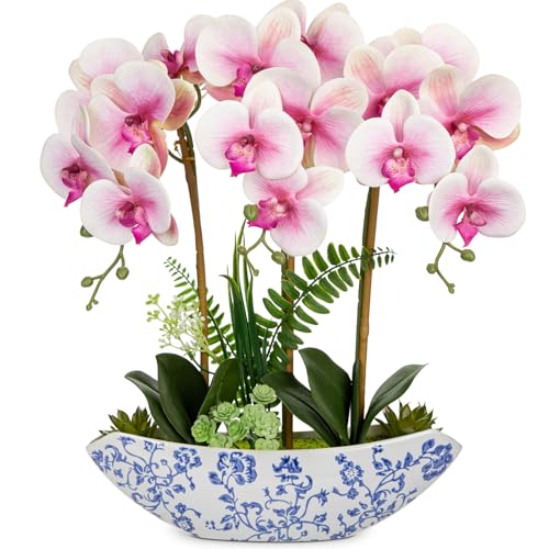 Briful Orchid Artificial Flowers 18in Pink Fake Orchid Silk Flowers with Blue and White Ceramic Pot Faux Phalaenopsis Arrangement for Home Office Room Dining Table Centerpiece Modern Decor - color: Pink-floral Pattern Vase