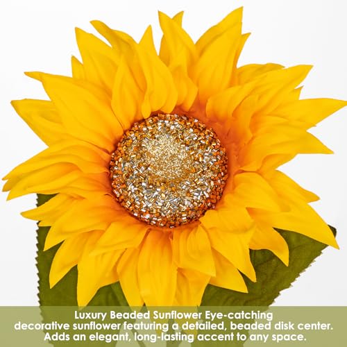 DILATATA 3 Pack Artificial Sunflower Stems with Luxury Beaded Center, 26” Large Fake Sunflowers with Real Touch Leaves, Silk Sunflower Flowers for Vase, Fall Farmhouse Home Table Wedding Decoration - color: 8" Beaded