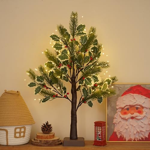 PXBNIUYA 2 FT Christmas Tree with 72 LED Lights, Christmas Decorations Indoor, Fairy Light Spirit Tree for Home Decor, Lighted Birch Trees with Pine Needles, USB and 3AA Battery and Timer（Warm White） - color: Christmas Leaves