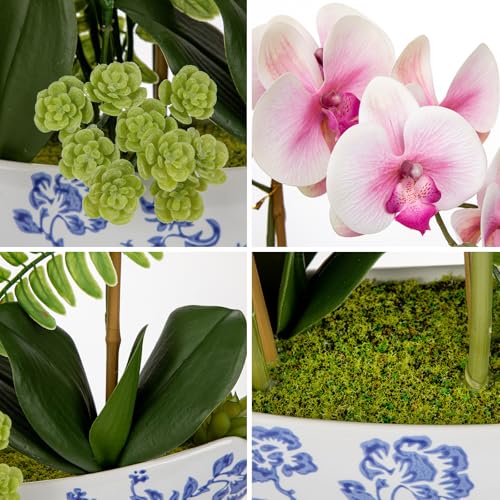 Briful Orchid Artificial Flowers 18in Pink Fake Orchid Silk Flowers with Blue and White Ceramic Pot Faux Phalaenopsis Arrangement for Home Office Room Dining Table Centerpiece Modern Decor - color: Pink-floral Pattern Vase
