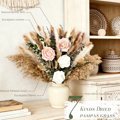 100Pcs Pampas Grass with Fake Roses Bouquet Fluffy Dried Plants with Eucalyptus Leaves Bunny Tails and Artificial Flowers for Vase Home Livingroom Boho Natural Decor Tables Centerpieces