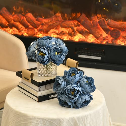 Artificial Peony Silk Flower Centerpieces with LED Light Faux Floral Arrangement in Glass Vase for Home Wedding Table Decoration (Dusty Blue) - color: Light-dusty Blue