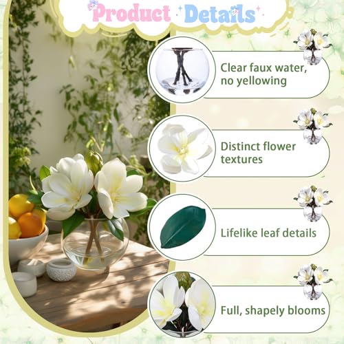 White Magnolia Artificial Flowers with Vase Fake Magnolia Flowers Indoor Real Touch Flowers with Faux Water for Home Decor Centerpieces for Tables - color: Magnolia White