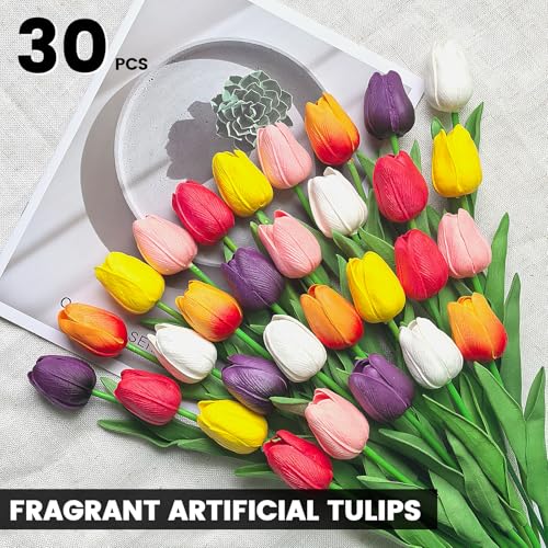 30 PCS Artificial Tulips Real Touch Tulips 13.5inch Long Stem Fake Flowers Silk Flowers for Spring Easter Mother's Day Decorations (MixedColor-2) - color: Multicolor-2