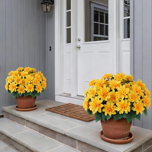 VIERENA 8 Bundles Artificial Dahlia Flowers for Outdoors Spring Summer Decor, No Fade Silk Flower Faux Dahlias Plant Arrangement for Home Garden Balcony Farmhouse（Yellow） - color: Yellow