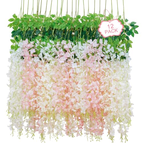 12Pcs Artificial Wisteria Hanging Flowers, 3.6Ft/Pcs White & Pink Fake Wisteria Garland for Wedding Party Home Garden Indoor Outdoor Decoration - color: White & Pink, size: 12Pcs