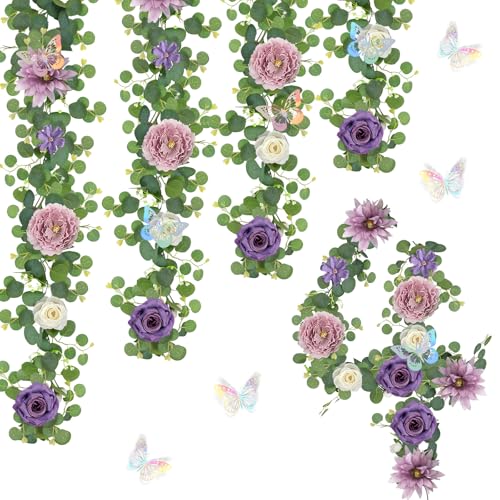 4 Pack 5.9 FT Artificial Flower Garland with Butterflies Fake Rose Garland Faux Greenery Eucalyptus Garlands for Wedding Table Backdrop Arch Centerpieces Decorations - Light Purple & Purple - color: Dusty Purple, size: 4 Pack