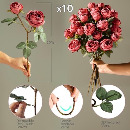 Real Touch Artificial Rose Flower 20pcs Dusty Silk Fake Rose Flowers with Stems Realistic Full Rose Arrangement Flores Decorations for Wedding Anniversary (Dusty Rose) - color: Dusty Rose