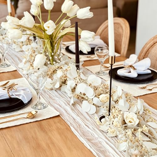 CQURE 2Pack Eucalyptus Garland,Artificial Eucalyptus Leaves Flowers Table Greenery Garland Wreath Vines for Wedding Party Fireplace Bedroom Room Decor - size: 17.7 Ft with Flowers -White
