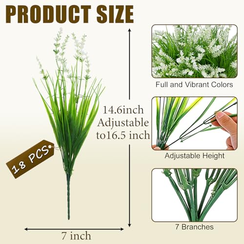 18 Pack White Artificial Lavender Stems, UV Resistant Fake Outdoor Plants - Elegant Faux Greenery for Garden Decor, Spring Arrangements and Outdoor Planters Decoration - color: White-18