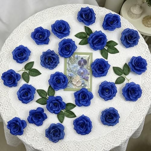 50 Pcs Rose Flower Head, Artificial Flowers Bulk for DIY Crafts, 3in Fake Rose Silk Flower Head wit Stem, Faux Flowers for Decoration, Wedding Home Party Decor Garland Decor (50, Dark Blue) - color: Dark Blue