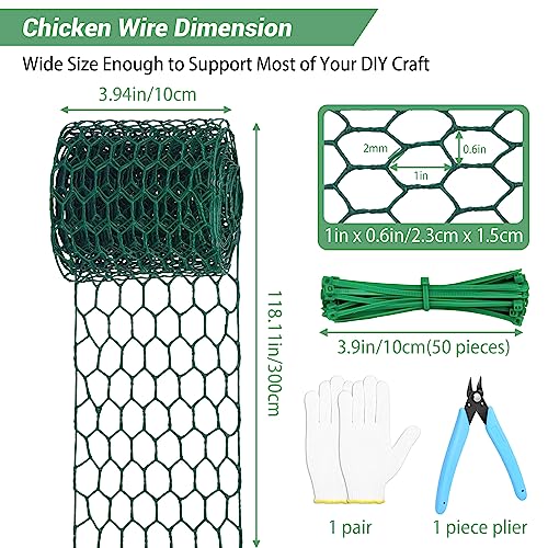 Floral Chicken Wire for Craft,4 x 118 Inch Lightweight Galvanized Hexagonal Chicken Wire Netting, 2mm Thickness Chicken Wire Fence for Garden Poultry, Chicken Wire Mesh with Gloves, Wire Ties, Plier - size: 4 x 118 Inch