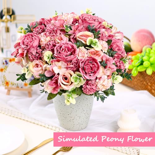 Olgaa 12 Bundles Peonies Artificial Flowers Silk Flowers Faux Peony Fake Peony Hydrangea Flower Bouquet Bulk for Vase Filler Centerpiece Table Decorations Wedding Arch Flowers (Champagne Red) - color: Champagne Red