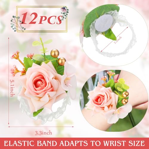Sherr Pink Set of 12 Rose Wrist Corsages for Wedding Corsage Flower Wristlet Floral Wedding Wrist Bridal Rose Leaf Hand Flowers for Bride Bridesmaid Prom Engagement Festival - color: Pink