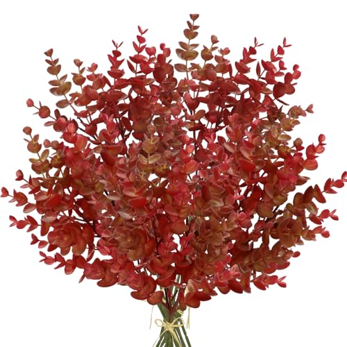 5 Stems Artificial Fall Greenery – 14.6" Eucalyptus Leaf Stems for Autumn Floral Arrangements, Thanksgiving Centerpieces, Fall Decor Bouquets, Burgundy Red - color: Eucalyptus - Burnt Red